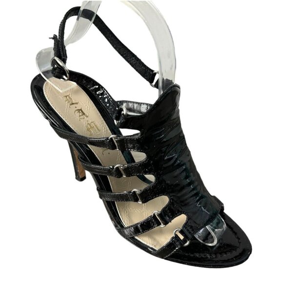 L.A.M.B. Goldy Sandal Heel in Black with Silver Strappy Stiletto Open Toe Size 9 - Picture 5 of 11